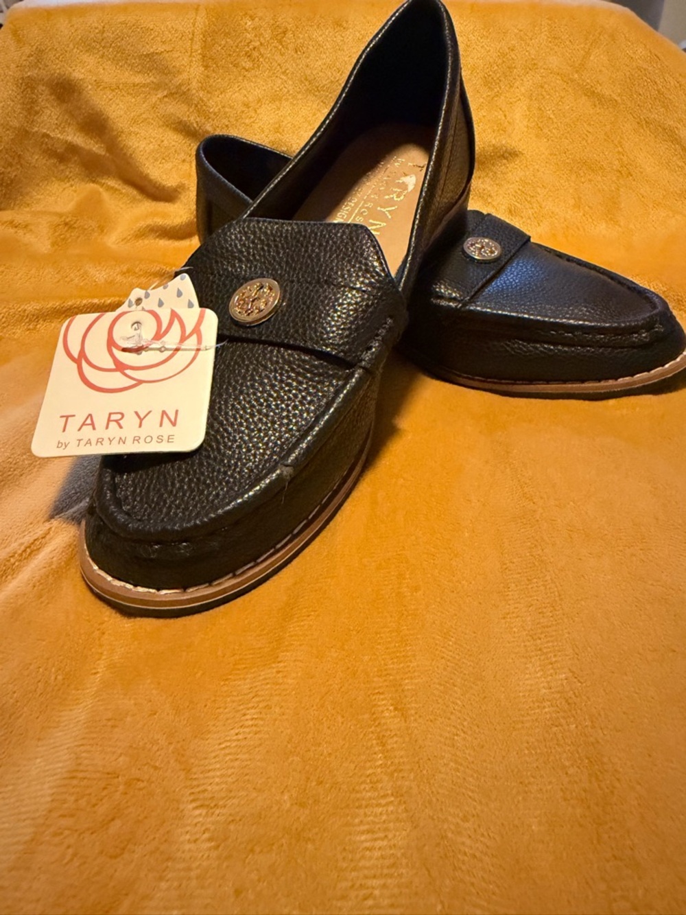 Taryn Rose Black Textured Leather Slip-On Loafers with Gold Emblem NWT